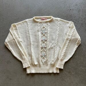 Vintage 80s Chinawear Cable Knit Sweater Womens Medium Cream Pullover Floral